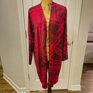Chico’s Red Abstract Print  Extra Long Open Cardigan Size XL
